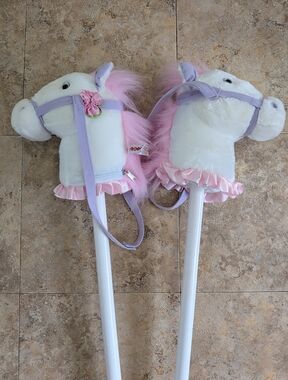 2 Aurora Pink Fantasy Ride'em Pony Horse Equestrian Plush Head Riding Toy Sticks